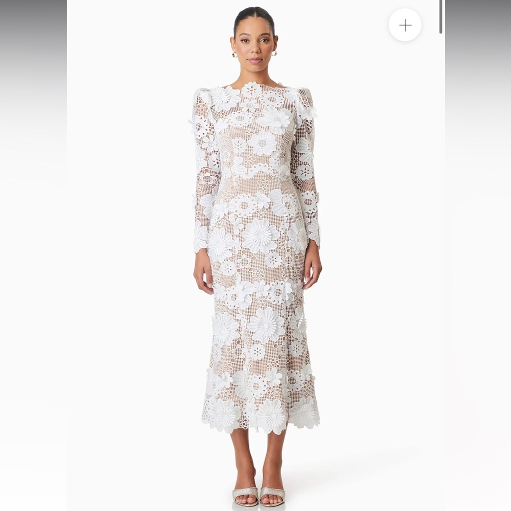 elliatt autumn white 3d floral applique lace long sleeve midi bridal dress XS